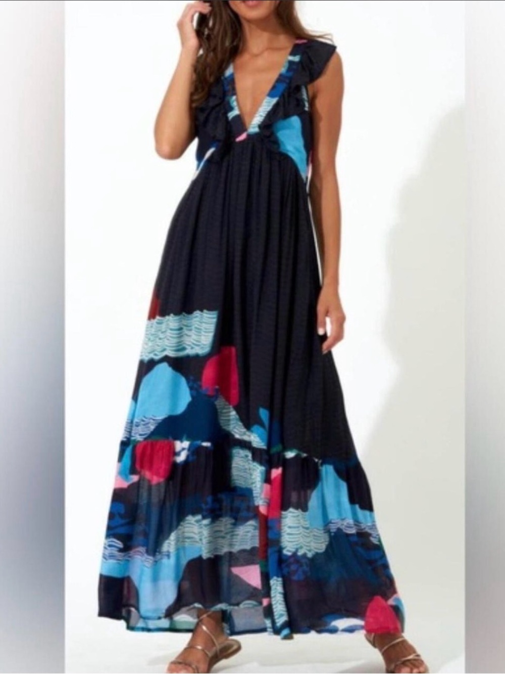 Oliphant Sleeveless V-Neck Cotton Silk Long Maxi Dress Black Small Artsy Print